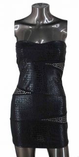 Sexy Strapless Black Club Party Dress Faux Reptile Leather Print Studs