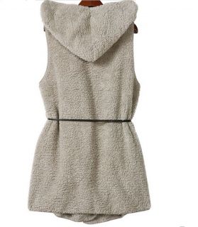 T143 Women Vintage Warm Faux Fur Sleeveless Jacket Waistcoat Belted Vest Grey