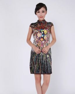 Fashion Chinese Women's Silk Mini Dress Cheongsam Black Size s M L XL XXL