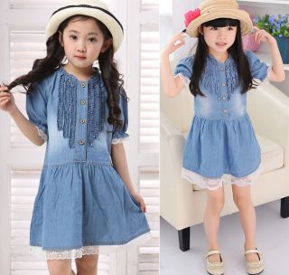 New Casual Girls Cowboy Lace Princess Volume Flower Cotton 2 7Y Clothes AD027