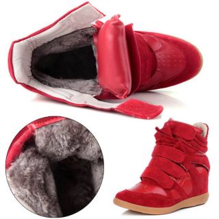 Winter Warm Women Velcro Strap High Top Sneaker Shoes Leather Hidden Wedge Boots
