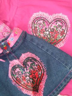 New Girls 2T 3T 4T Valentines Day Outfit Set Gigi Jean Skirt Hearts Shirt