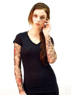 Wild Rose Ladies Burnout Tattoo Sleeve Black T Shirt Buddha Rose Punk Biker Chic