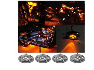 4 Orange Amber LED Chrome Modules Motorcycle Chopper Frame Neon Glow Lights Pods