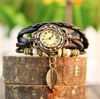 Women Girl's Retro Leaf Weave Wrap PU Leather Bracelet Bangle Watch Wristwatch