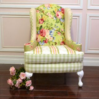 Shabby Cottage Chic Rose Pink Sage Patchwork Wing Armchair Gingham