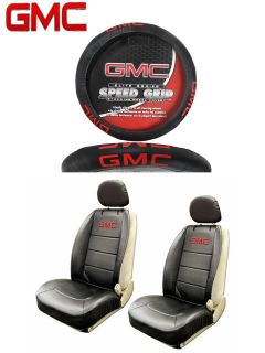 5 PC GMC Elite Seat Covers Steering Wheel Cover Synth Leather Fast Shipping