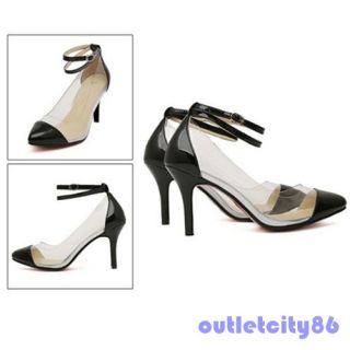 Women Transparent Pump Strap Stiletto High Heel Pointy Toe Strappy Sandals Shoes