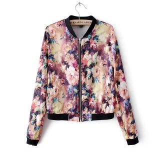 New Womens European Fashion Flower Print Zipper Short Coat Jacket B1272