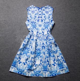 New Womens Chinese Fashion Blue White Porcelain Sleeveless Chiffon Dress B2072C