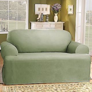 Heavy Duty Soft Microsuede Solid Sage Green T Cushion Loveseat Cover Slipcover