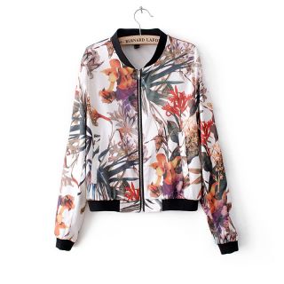 New Womens European Fashion Flower Print Zipper Short Coat Jacket B1272