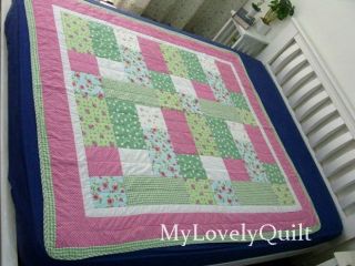 Pink Green Roses Polka Patchwork Quilt Throw Baby Cot Quit 145x160cm