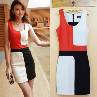 New Womens Korea Fashion OL Splice Color Round Neck Sleeveless Mini Dress E777