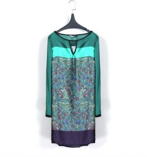 New Womens Fashion Round Neck Green Embroidery Print Retro 3 4 Sleeve Dress B978