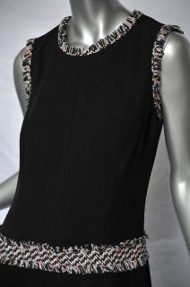 Chanel Black Woven Silk Knit Tweed Fringed Trim Sleeveless Drop Waist Dress L 44