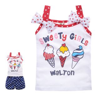 On SALE 2PCS Sweet Girls Ice Cream Print Bow Tank Top and Short 2 7 Years DB1314