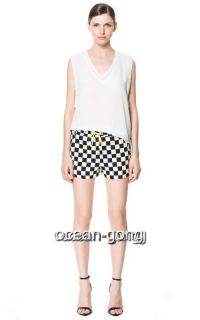 New Women Summer Vintage Color Blocking Geometric Printed Check Shorts Pants