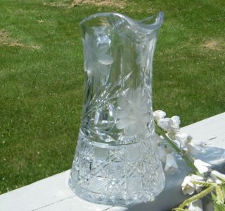 Vintage Crystal Cut Glass Flowers Sunflower Cornflower 38 oz Large Water Pitcher