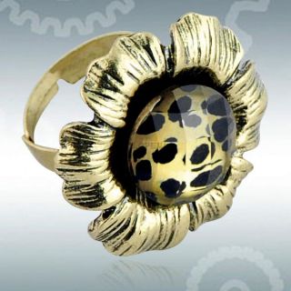 Fashion Women's Lady Jewelry Leopard Print Gemstone Large Flower Adjustable Ring