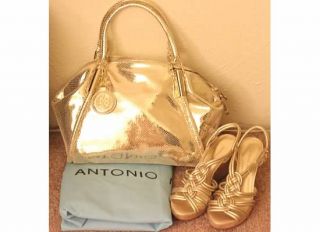 New Antonio Melani Gold Ella Python Embossed Satchel Handbag Tote Shopper