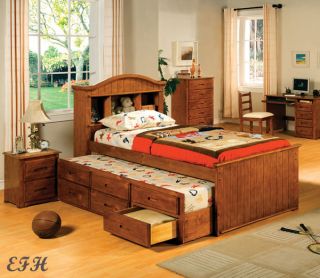 New Country Style Oak Finish Wood Bookcase Twin Captains Bed w Trundle Drawers