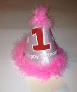 Baby Girl Pink 1st Birthday Party Cone Hat Feathers First Momento