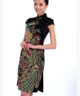 Chinese Women's Lace Embroidery Mini Dress Cheongsam Black s M L XL XXL