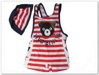 Boy Kids Swimming Suit Set w Hat Stripes Anchor Blue Red Bear Sailor Bee