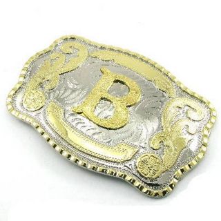 A553 Initial "B" Letter Big Gold Silver Rodeo Western Cowboy Metal Belt Buckle