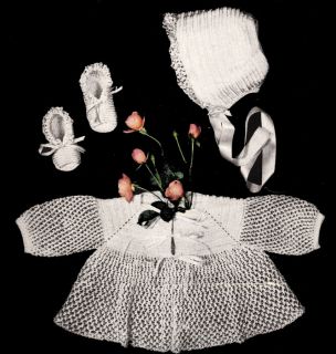 Vintage Crochet Pattern Frilly Knot Stitch Baby Sacque Booties Bonnet Set