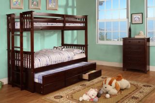 Oak or Espresso Kids Twin Twin or Twin Full Trundle Bunk Bed Storage Drawer