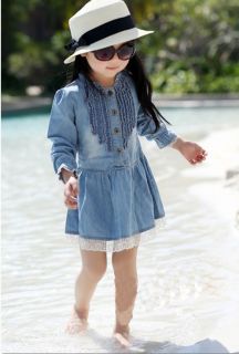 Girls Kids Baby Ruffle Trim Top Dress Jean Skirt Denim Blue Flower Lace 2 9Year