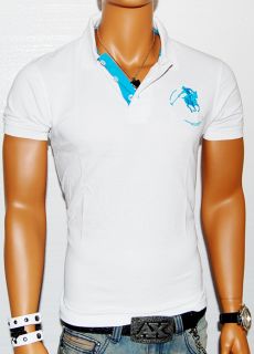 Mens Santa FE Collection White Baby Blue Slim Fit Polo Rugby Shirt Muscle