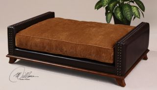 Beau Dog Pet Bed Plush Reversible Cushion Brown Faux Leather Hardwood Frame