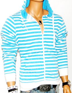 JC Baby Blue White Striped Long Sleeve Hooded Zip Up Designer Shirt Soft