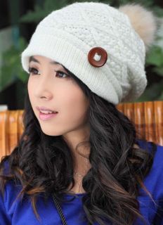 Fashion Women Winter Warm Beanie Crochet Knit Beret Ski Hat Ball Wool Cap Button