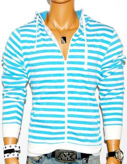 JC Baby Blue White Striped Long Sleeve Hooded Zip Up Designer Shirt Soft