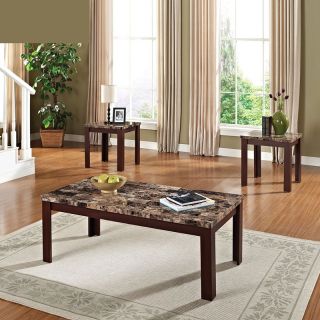 3 PC Cherry Black Solid Wood Faux Marble Top Coffee End Occasional Table Set