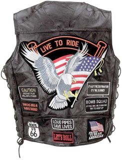 Black Leather Mens Live to Ride Motorcycle Biker Vest Lace Sides with Patches