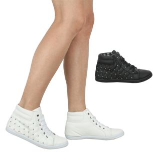 Womens Ladies Black White High Top Studded Quilted Check Flat Trainers Sneakers