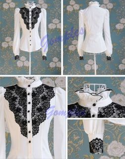 New Hot Fashion Womens Black Lace Tops Vintage Ruffles Puff Sleeve Blouse White