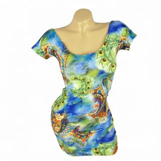 Sexy Women's Clubwear Short Sleeve Mini Dress Lycra Peacock Feathers Print 262