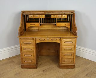 Antique Victorian 4ft Oak Roll Top Rolltop Pedestal Office Computer Desk Library