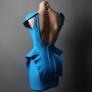 Turquoise Blue Low Open Back Bodycon Fit Peplum Mini Evening Party Dress Size M
