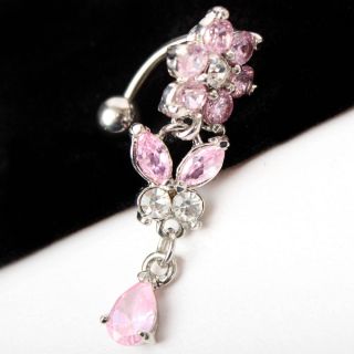 Pink Summer Beach Party Flower Butterfly Drop Long Dangle Belly Ring