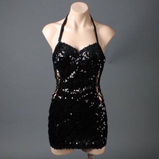 Party Black Halter Cut Out Side Sequin Clubwear Open Back Mini Dress L Size