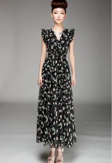 Women's Sexy Chiffon Long Maxi Floral Dress Vintage Evening Cocktail Party Dress
