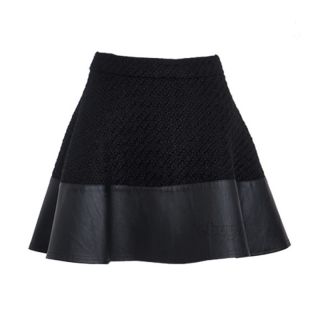 Knit Splice PU Faux Leather Panel Mini Skirt Pleated Jersey Skater Flared Zip