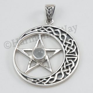 Sterling Silver Crescent Celtic Moon Pentagram Pagan Pentacle Pendant Moonstone